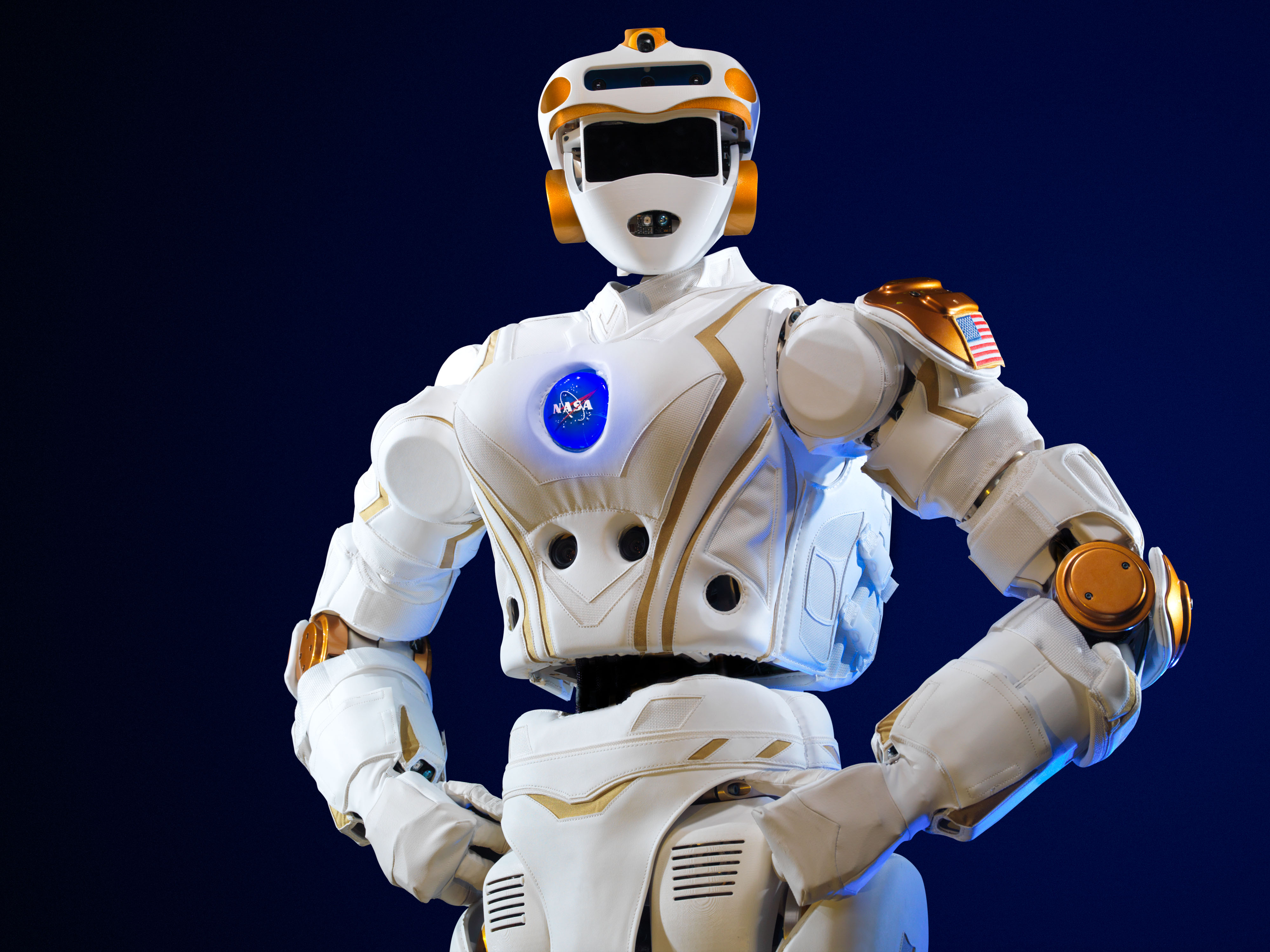 NASA Valkyrie humanoid robot against a dark blue background
